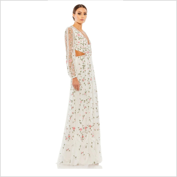 Mac Duggal White Floral Embroidered Long Sleeve Gown White Size-10 - Picture 4 of 9